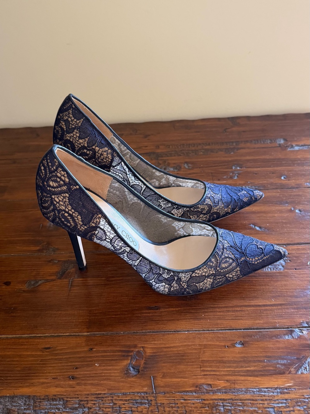 Jimmy Choo Navy Lace Pointed-Toe Stilettos
